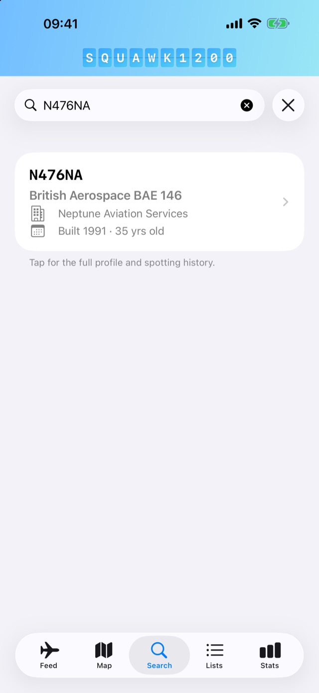 Search results for registration N476NA, showing a British Aerospace BAE 146 operated by Neptune Aviation Services, built 1991.