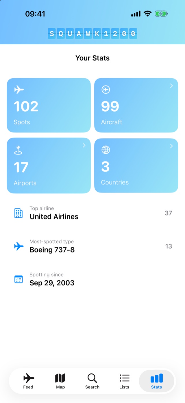 The stats screen showing 102 spots, 99 aircraft, 17 airports, 3 countries, top airline United Airlines, and most-spotted type Boeing 737-8.